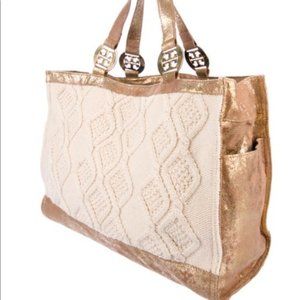 TORY BURCH Gold Metallic Cream Cable Knit Tote Bag